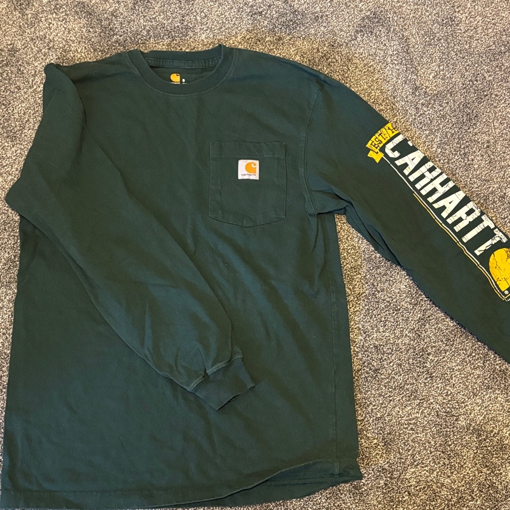 Carhartt Dark Green Long Sleeve Pocket Tee with Yellow Sleeve Graphic